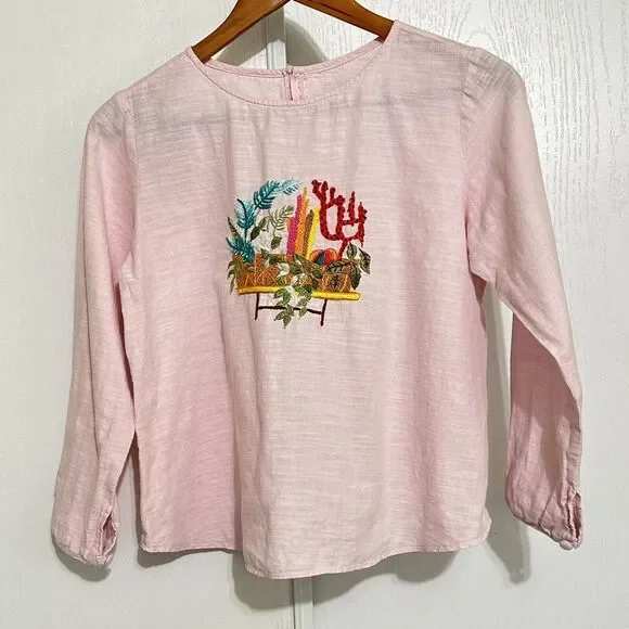 Girls Pink Hand Made Embroidered Long Sleeve Shirt Floral Plants Sz XL-XXL - Picture 1 of 11